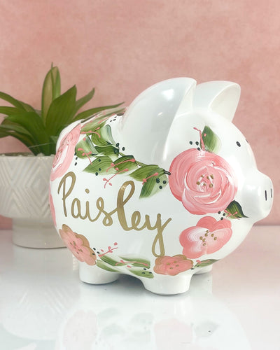 Large Boho Hand Painted Bank, Baby Girl Gift, Personalized Piggy Bank for Girls, Baby Girl Baby Shower Gift, 1st Birthday Gift Girls