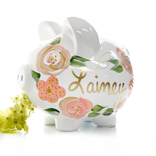 Personalized Piggy bank, Peach Pink Floral Hand Painted Custom Baby Shower Gift or 1st Birthday Gift