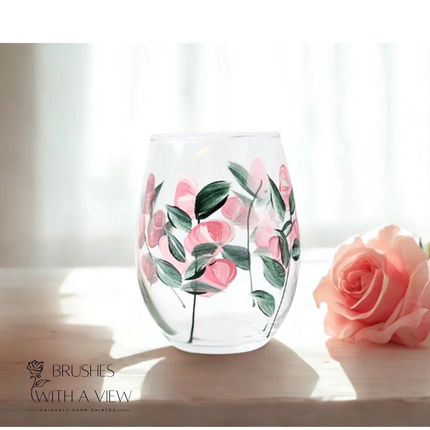 Hand-Painted Rose Wine Glasses - Stemmed & Stemless Options