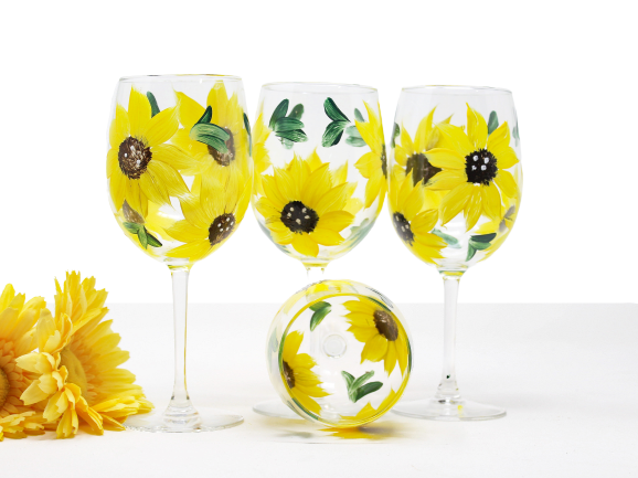 Hand-Painted Sunflower Wine Glasses – Set of 4 Stemmed, Bright Yellow Floral Design