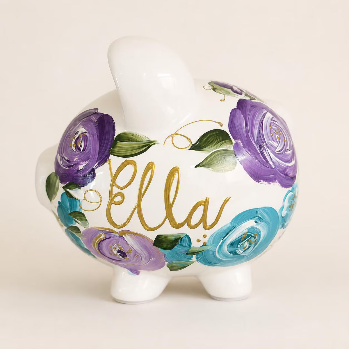 Personalized Boho Floral Piggy Bank for Baby Girl – Purple & Teal Hand-Painted Bank