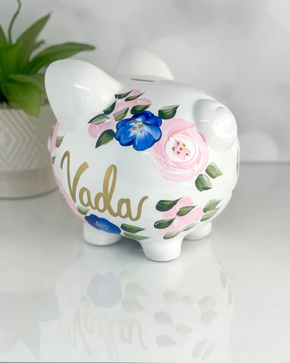 Personalized Piggy Bank for Girls – Pink & Blue Boho Floral Baby Gift