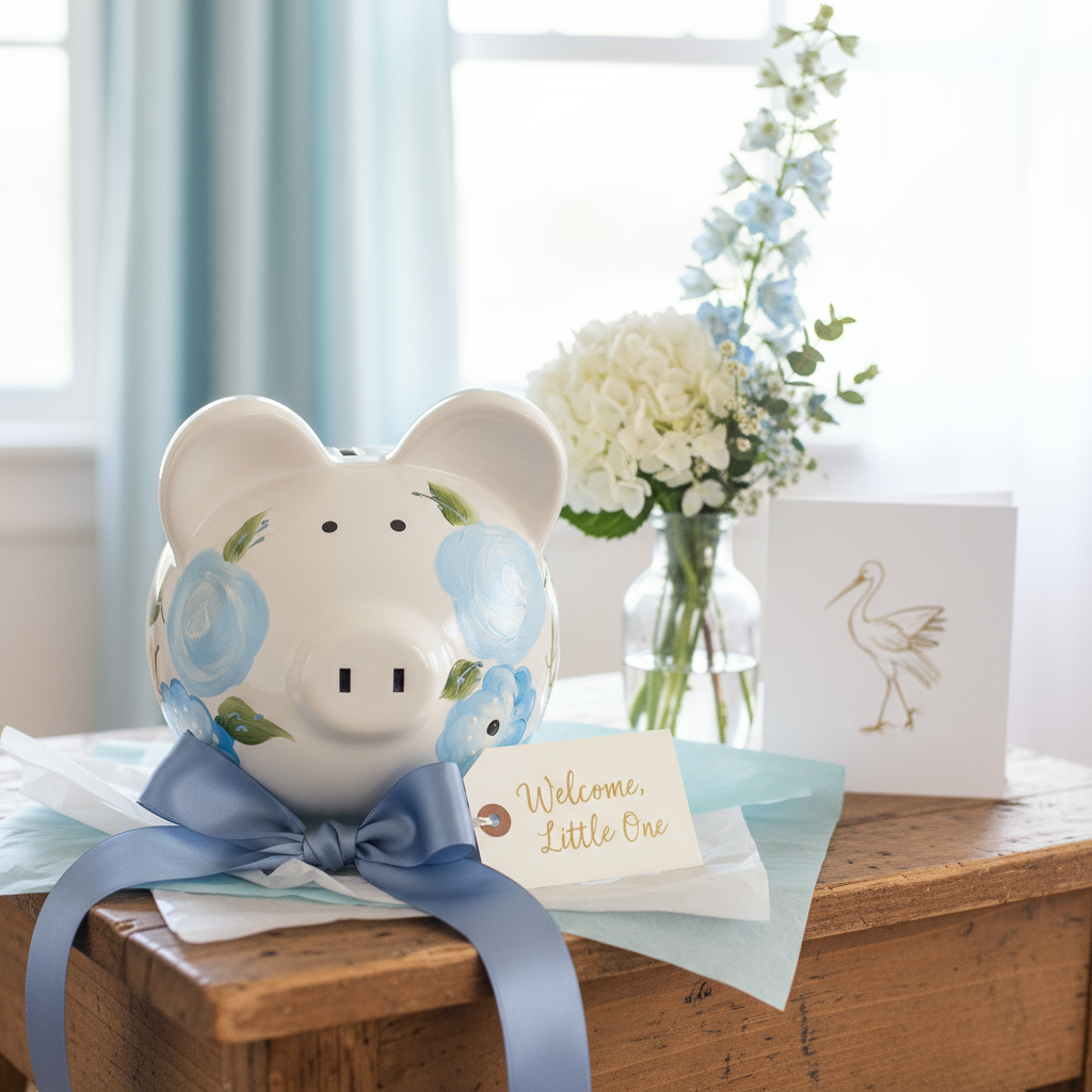 Decorative piggy bank with baby-themed elements on a wooden surface.