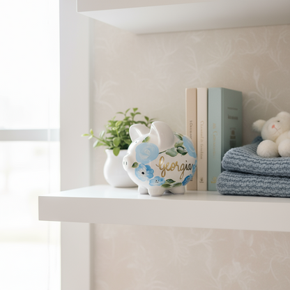 Decorative elephant with 'Georgia' on a shelf with books and a plant