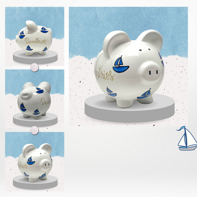 Hand Painted Personalized Sailboat Piggy Bank, Child's Large White Piggy Bank for Nautical Nursery