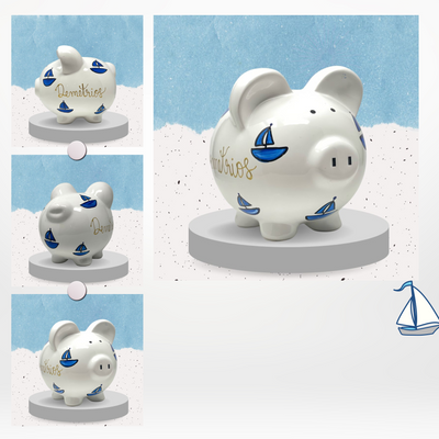 Hand Painted Personalized Nautical Piggy Bank, Child's Large White Piggy Bank for  Nursery