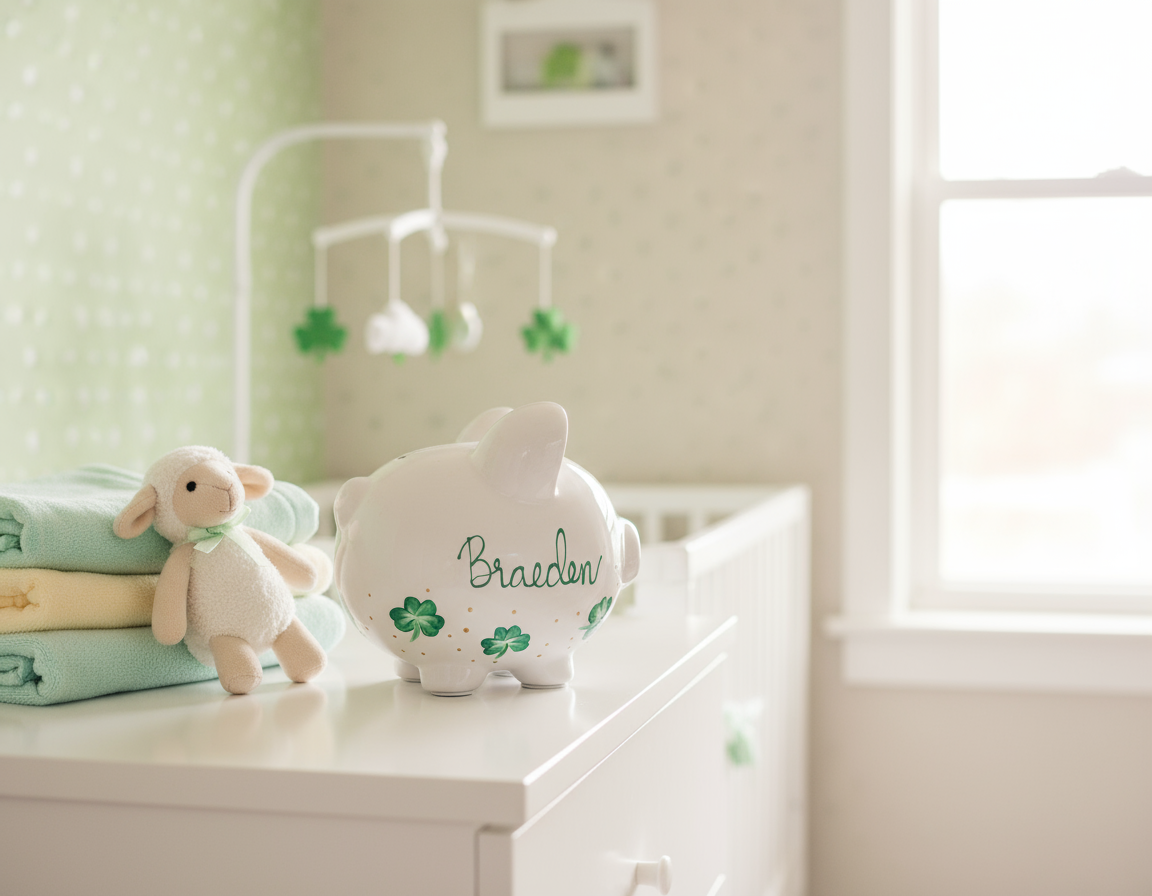 Braeden shamrock piggy bank in nursery