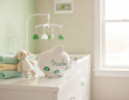 Braeden shamrock piggy bank in nursery