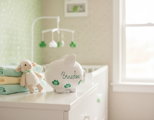 Braeden shamrock piggy bank in nursery
