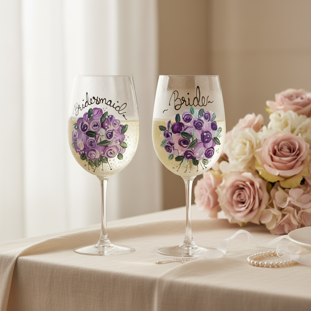 Two wine glasses with purple floral designs and 'Bridesmaid' text on a white background