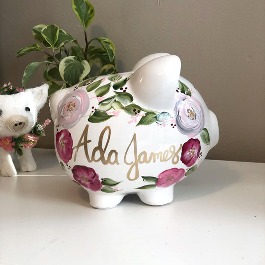 Personalized Floral Piggy Bank for Girls - Hand-Painted Pink Flowers | Custom Baby Gift