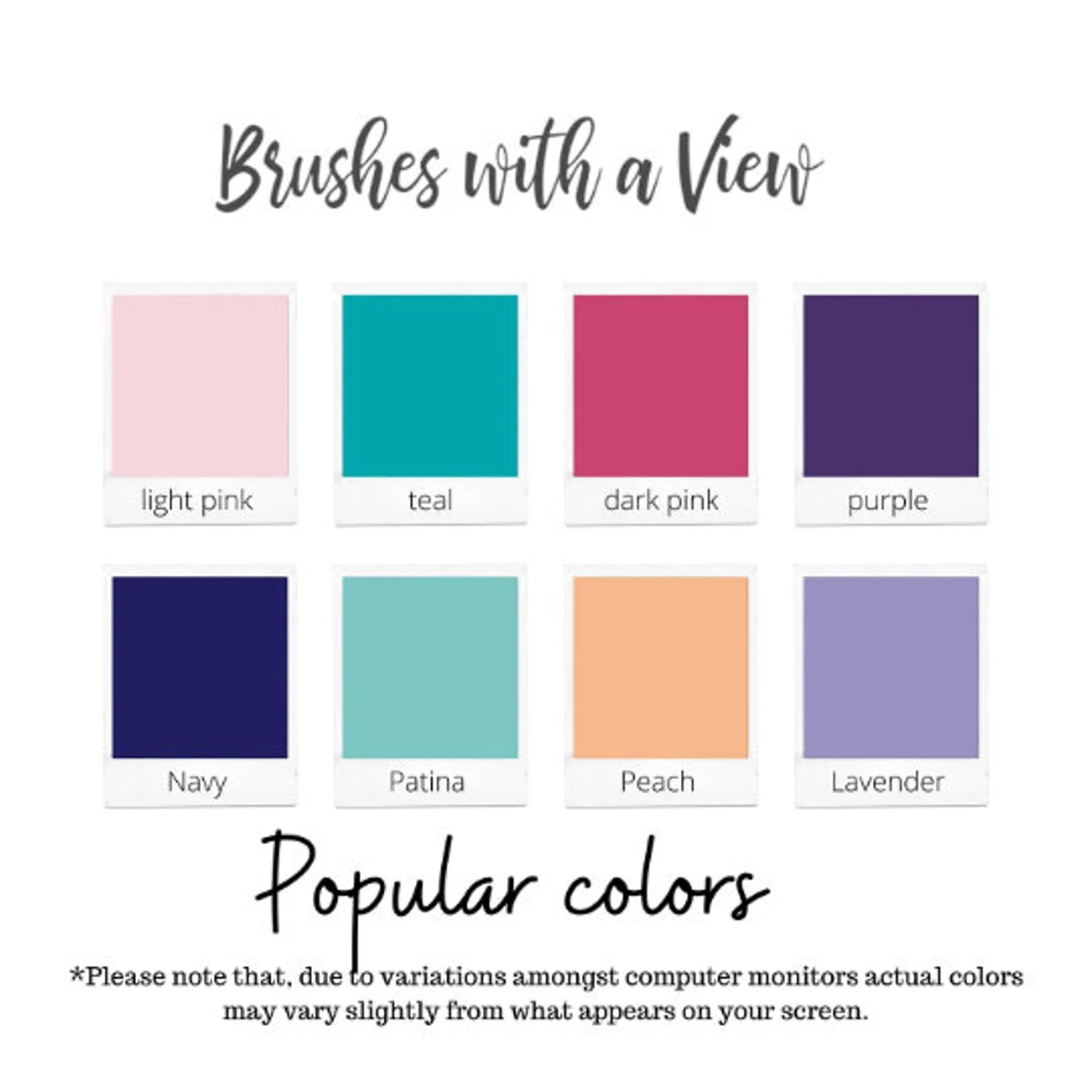 Color swatches labeled with names and a note about color variations on computer monitors.