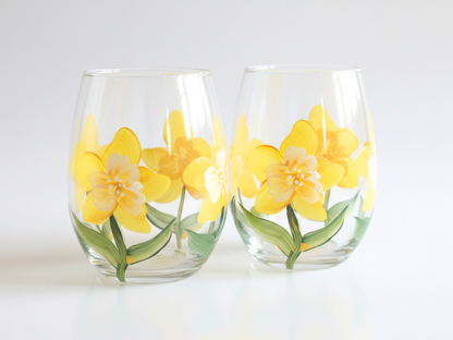 Hand-Painted Daffodil Wine Glasses Set of 2 – Floral Stemless Glass Gift