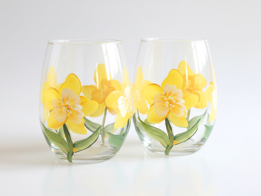 Hand-Painted Daffodil Wine Glasses Set of 2 – Floral Stemless Glass Gift