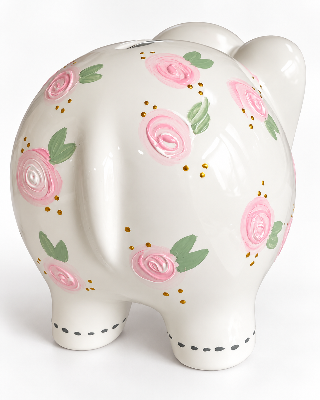Hand-painted floral design on white ceramic elephant piggy bank