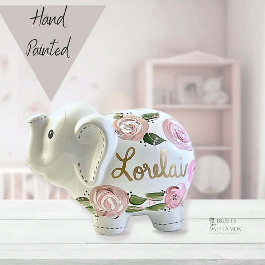 Personalized Pink & Tan Boho Elephant Piggy Bank – Hand-Painted Baby Girl Keepsake Gift