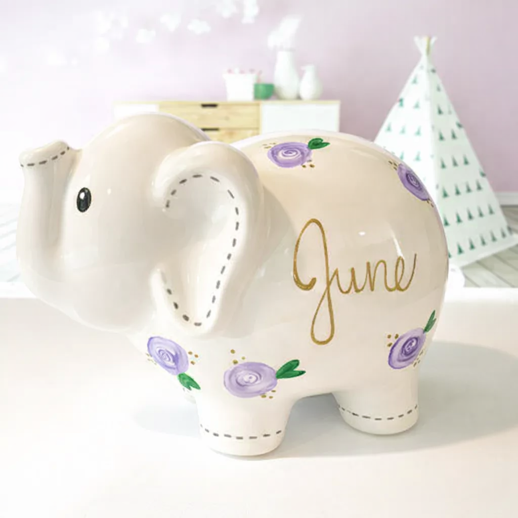 Custom Elephant Piggy Bank – Personalized Baby Gift with Purple Flowers