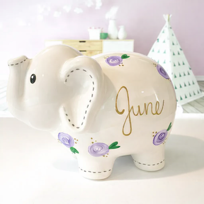 Custom Elephant Piggy Bank – Personalized Baby Gift with Purple Flowers