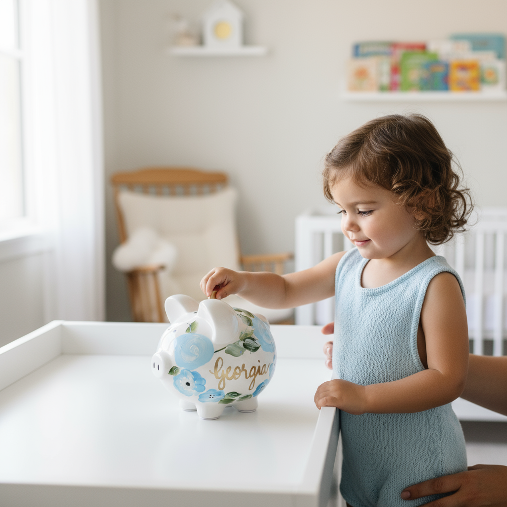 Child in a light blue dress interacting with a decorative piggy bank in a bright room.