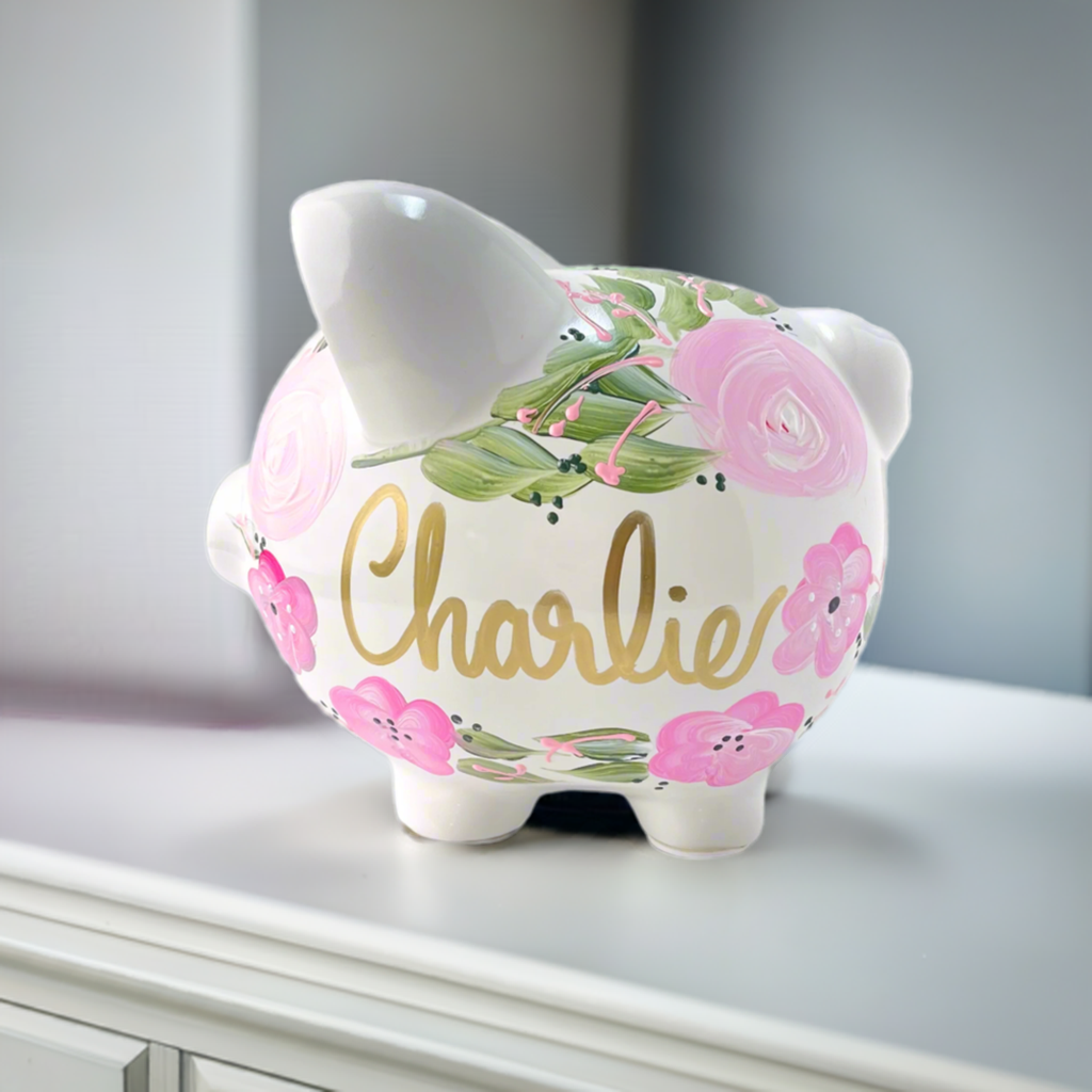 Hand Painted Boho Flowers Piggy Bank - Personalized Light Pink and Hot Pink  Flowers