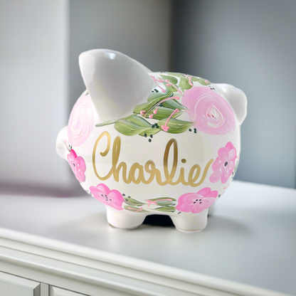 Hand Painted Boho Flowers Piggy Bank - Personalized Light Pink and Hot Pink  Flowers