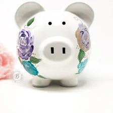 Personalized Boho Floral Piggy Bank for Baby Girl – Purple & Teal Hand-Painted Bank