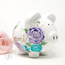 Personalized Boho Floral Piggy Bank for Baby Girl – Purple & Teal Hand-Painted Bank