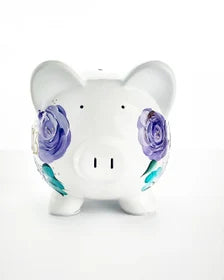 Personalized Boho Floral Piggy Bank for Baby Girl – Purple & Teal Hand-Painted Bank