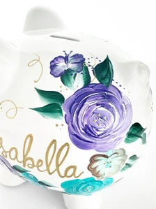 Personalized Boho Floral Piggy Bank for Baby Girl – Purple & Teal Hand-Painted Bank