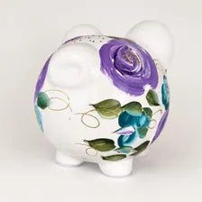 Personalized Boho Floral Piggy Bank for Baby Girl – Purple & Teal Hand-Painted Bank