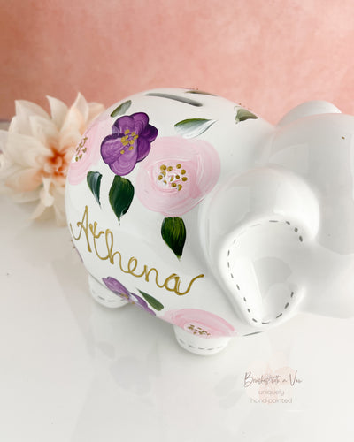Hand Painted Elephant Piggy Bank with Light  Pink and Purple Flowers