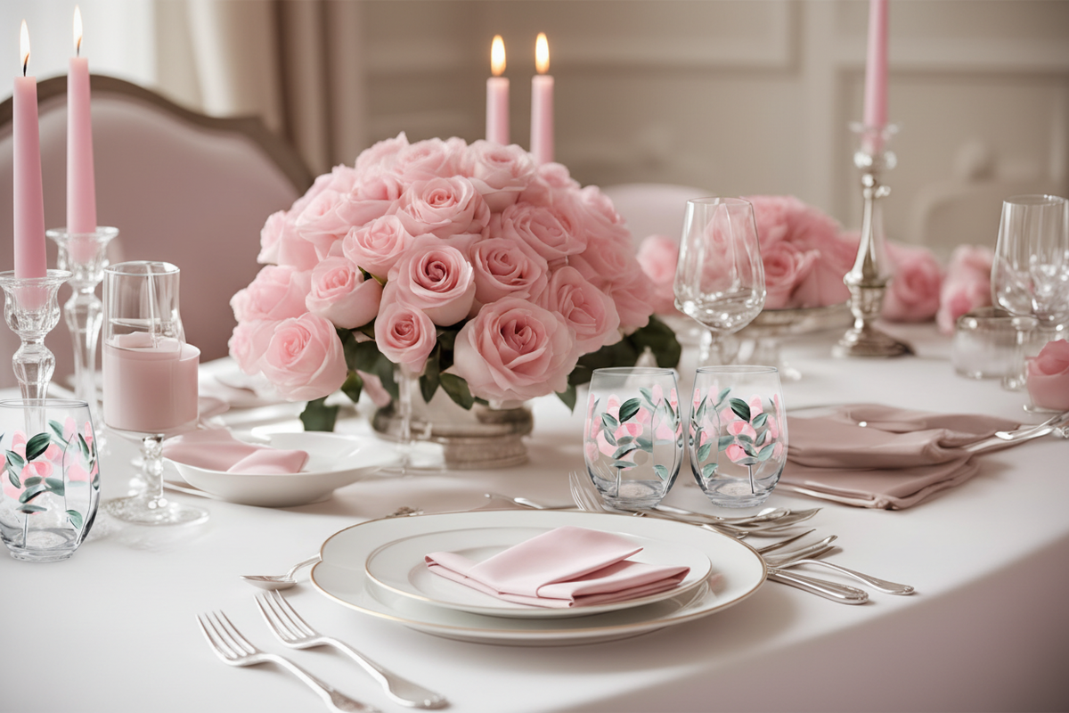 Merged table setting with rose wine glasses