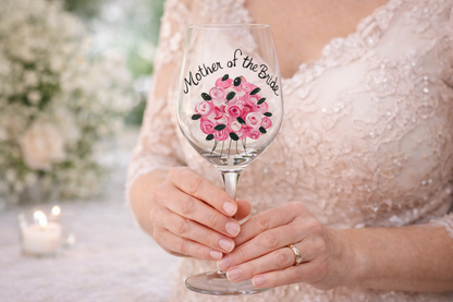 Wine glass with 'Mother of the Bride' text and floral design held by a person in a wedding dress.