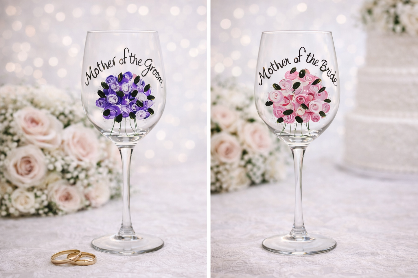 Two wine glasses with floral designs and 'Mother of the Bride' text, placed on a surface with flowers in the background.