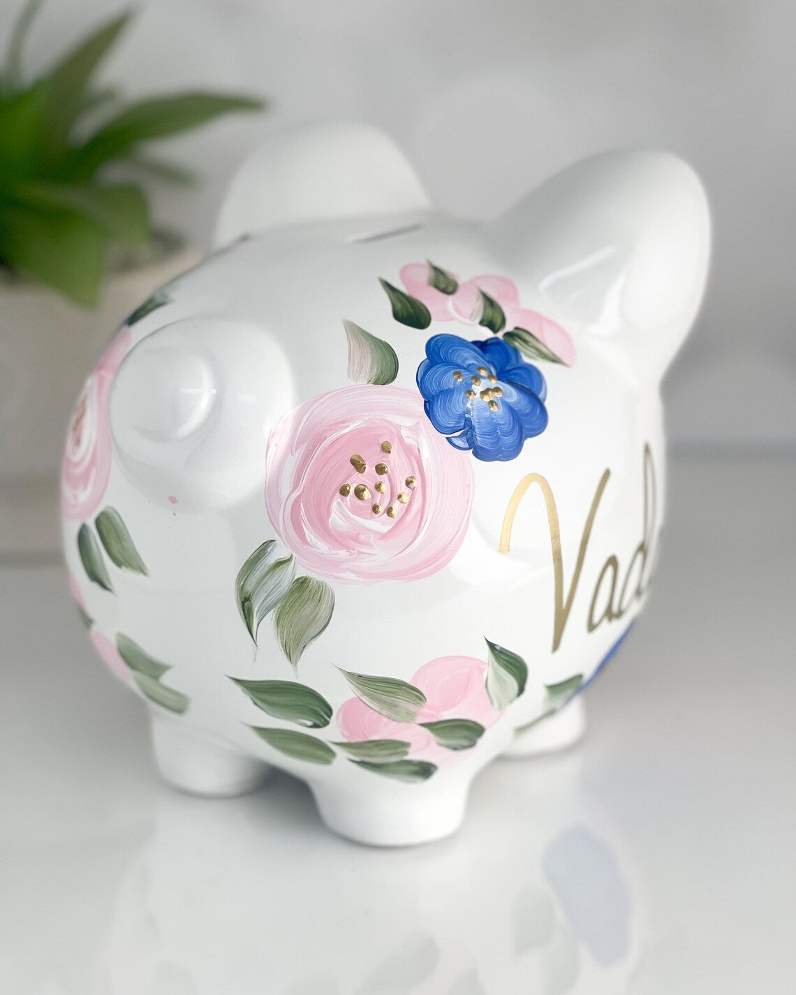 Personalized Piggy Bank for Girls – Pink & Blue Boho Floral Baby Gift