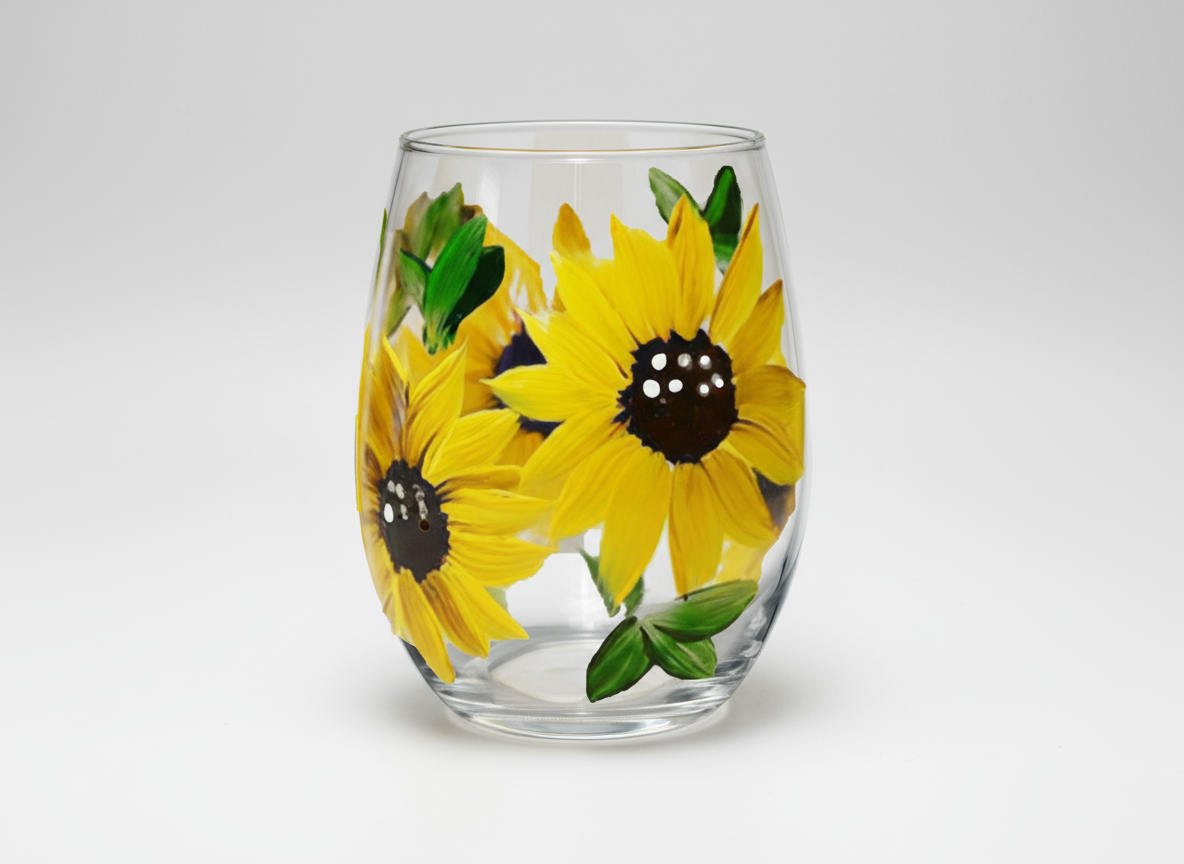 Hand-Painted Sunflower Stemless Wine Glass – Bright Yellow Floral Design