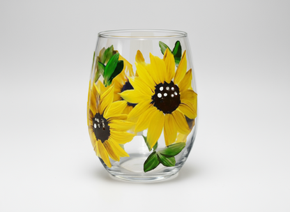 Hand-Painted Sunflower Stemless Wine Glass – Bright Yellow Floral Design