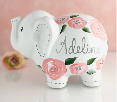 Boho Painted  Peach Elephant Piggy Bank, Baby Girl Gift, Personalized Piggy Bank for Girls