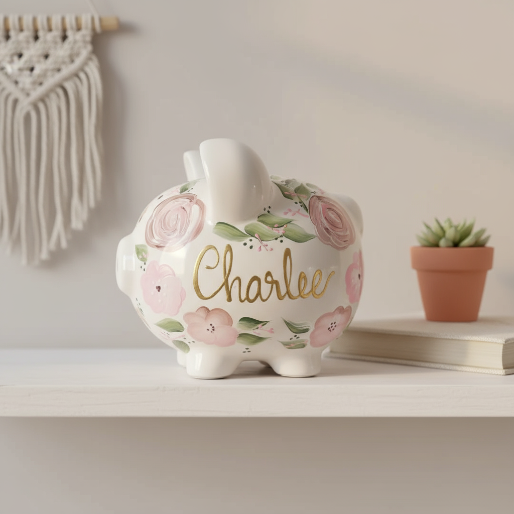 Hand-painted boho flowers piggy bank in styled nursery - personalized kids savings bank"