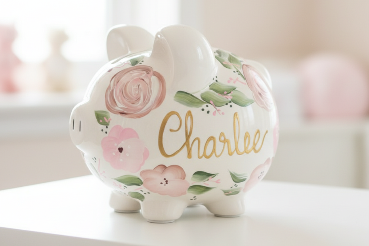 Personalized piggy bank with sage green boho leaves - hand-painted ceramic kids gift"