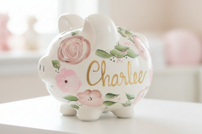 Personalized piggy bank with sage green boho leaves - hand-painted ceramic kids gift"