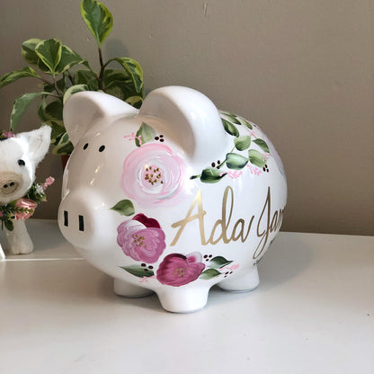 Personalized Floral Piggy Bank for Girls - Hand-Painted Pink Flowers | Custom Baby Gift