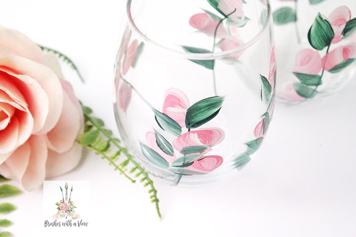 Hand-Painted Rose Bud Wine Glasses -  Set of 2 Stemless