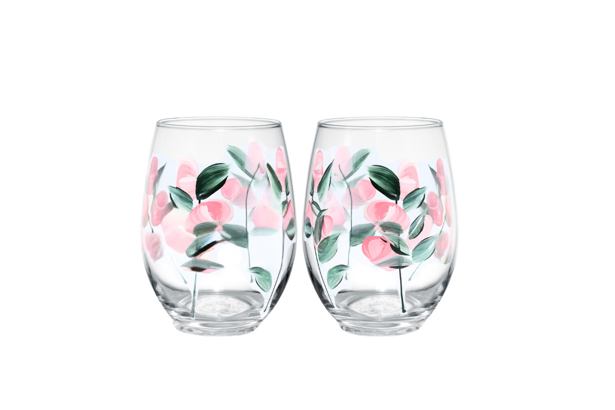 Hand-Painted Rose Bud Wine Glasses -  Set of 2 Stemless
