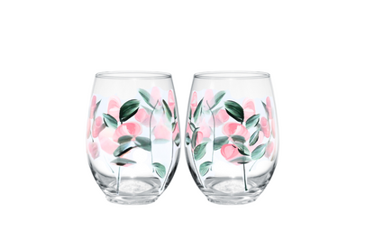 Hand-Painted Rose Bud Wine Glasses -  Set of 2 Stemless