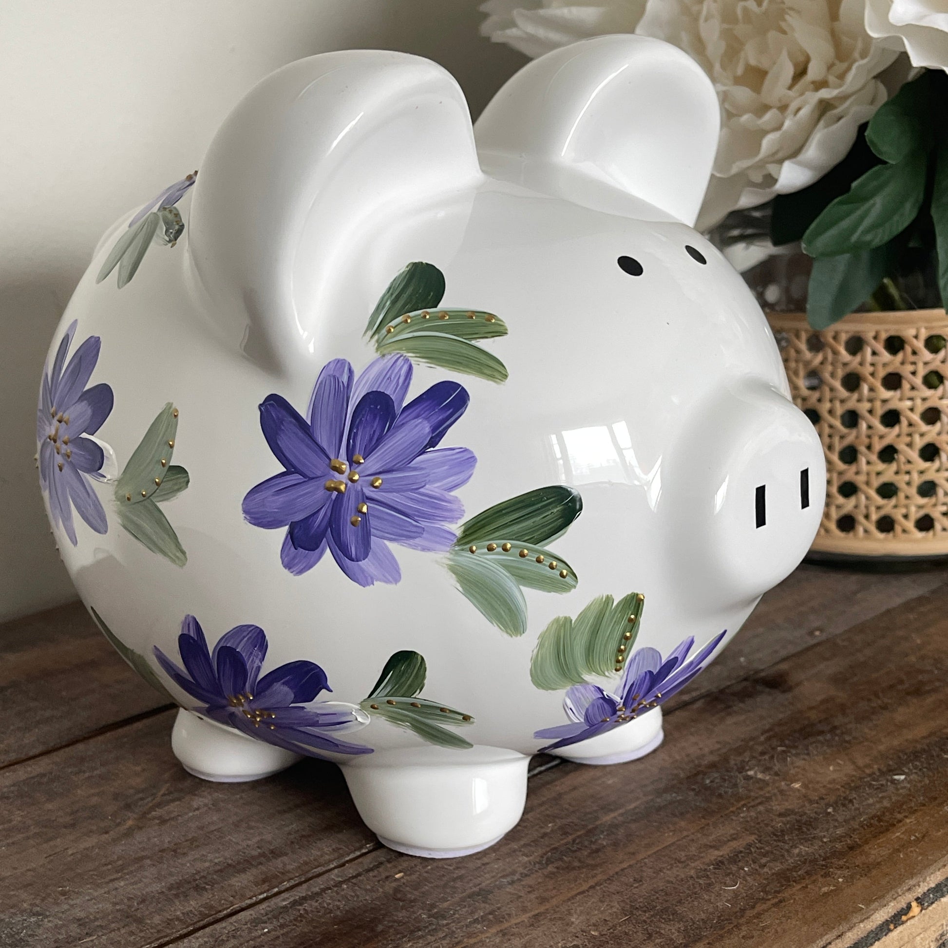 Hand painted floral piggy bank personalized gift - Brushes with a View
