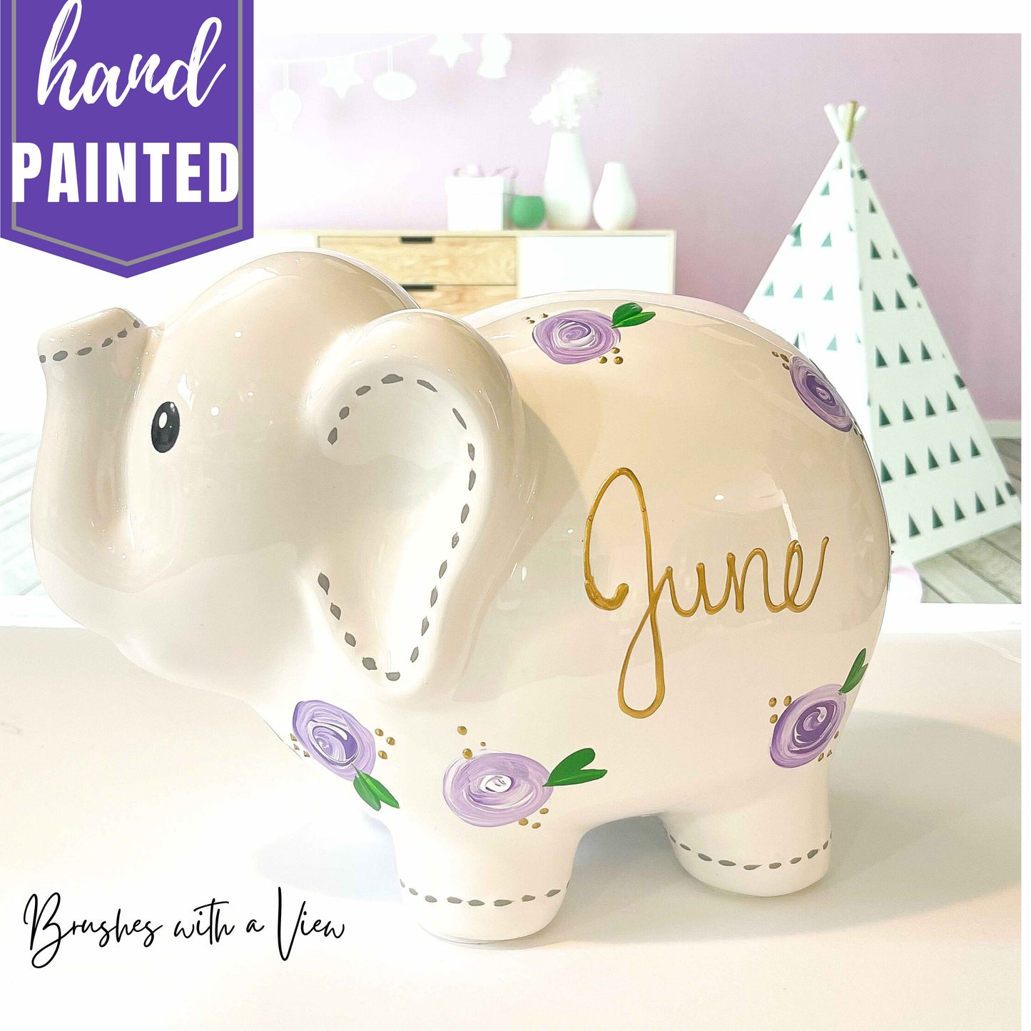 Custom Elephant Piggy Bank – Personalized Baby Gift with Purple Flowers
