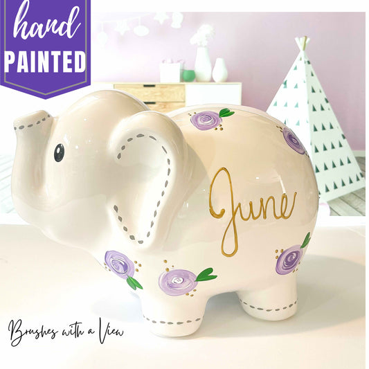 Custom Elephant Piggy Bank – Personalized Baby Gift with Purple Flowers