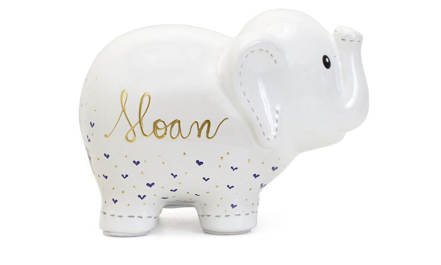 Personalized Elephant Piggy Bank with Purple Hearts - Custom Baby Gift