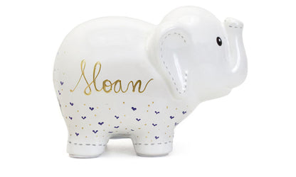 Personalized Elephant Piggy Bank with Purple Hearts - Custom Baby Gift